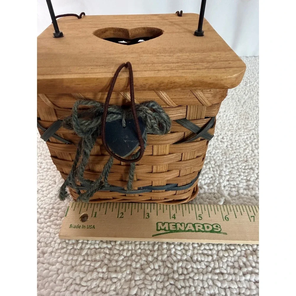 Vintage Rustic Woven Square Kleenex Basket with Wood Heart Lid and Metal Handle